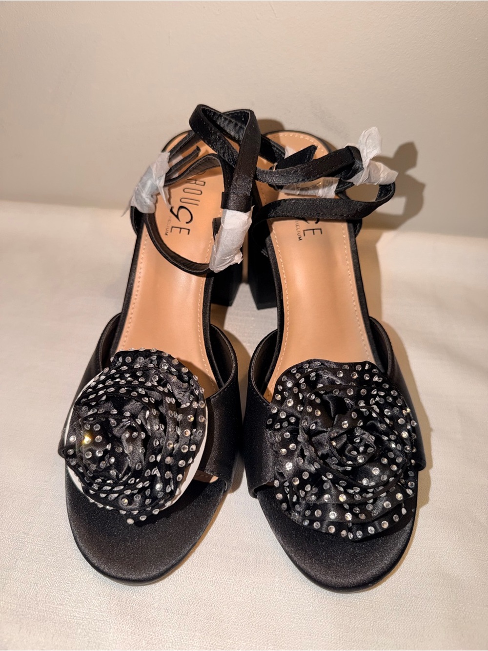 Black Satin Block Heel Sandals with Embellished Floral Accent